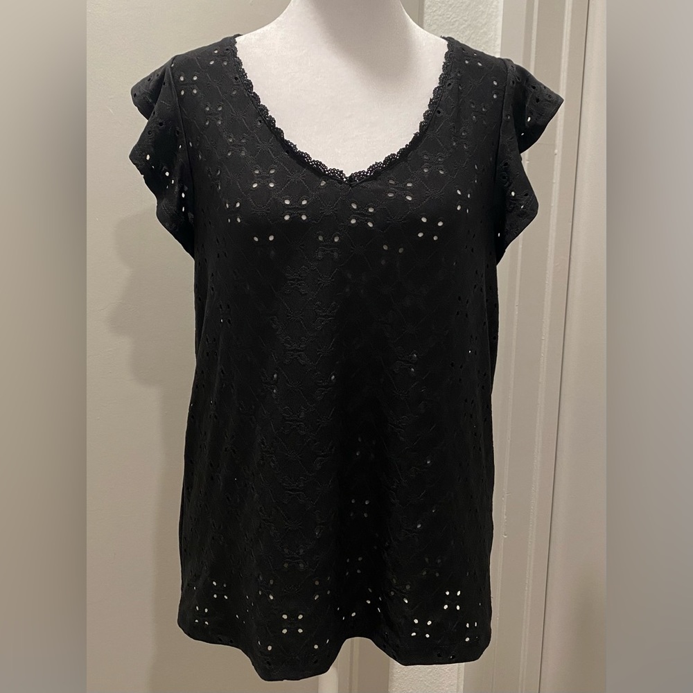 Shein Black Eyelet V-Neck Blouse With Ruffle Short Sleeves & Lace Back Closure